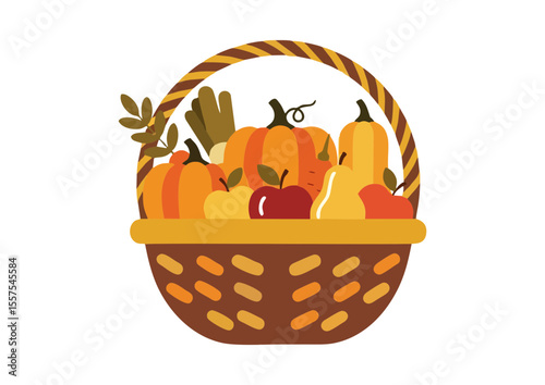 Harvest basket filled with autumn vegetables and fruits, concept  