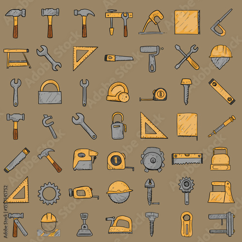 Hand drawn construction tools icon set with hammer saw wrench and drill equipment