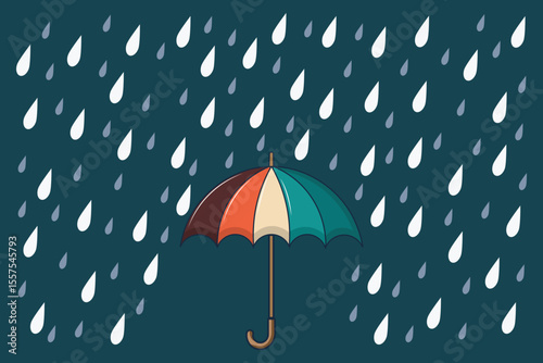 Flat cartoon vector of umbrella with rain drops, pastel style artwork perfect for baby visuals, children’s backgrounds, and weather-based decoration
