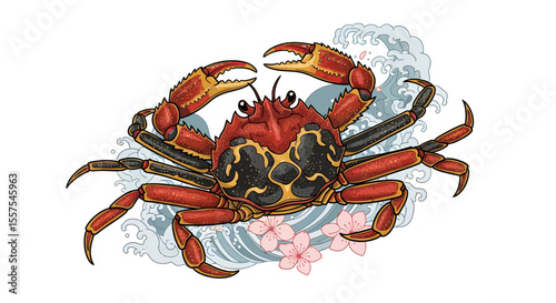 Illustration of a cartoon japanese spider crab with waves and sakura flowers