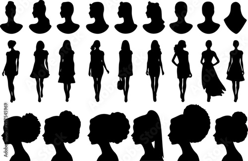 Set of Woman Silhouette Vector Art, Stylish Woman Silhouettes Collection, Female Silhouette Vector Set, Elegant Lady Silhouette Art, Fashion Woman Silhouette Bundle, Black Woman Silhouette Design, Wal