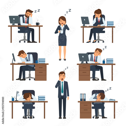 Set of Tired and Sleepy Office Workers Experiencing Burnout