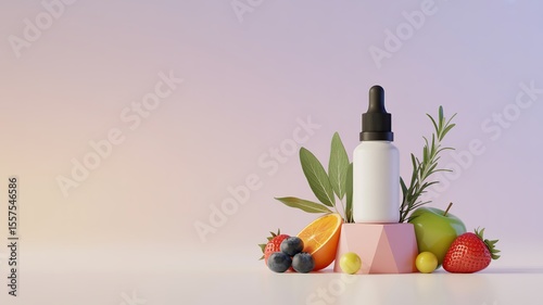 Natural skincare product with fresh fruits and herbs on a geometric pedestal