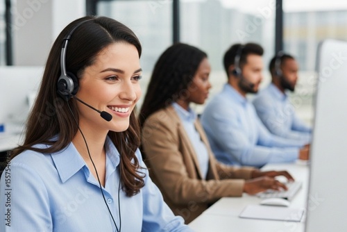 Smiling Customer Service Agent in Modern Call Center