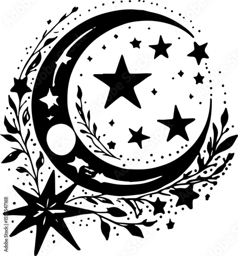Floral Moon Silhouette Vector Art, Elegant Floral Moon Vector Design, Moon and Flowers Silhouette Art, Botanical Moon Silhouette Vector, Crescent Moon with Floral Elements, Nature-Inspired Moon Silhou