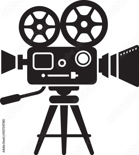 Vintage movie camera on a tripod, a vector icon for cinema and the film industry.
