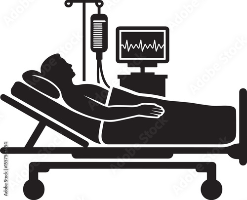 vector illustration of a patient in a hospital bed with an IV drip and heart monitor, representing intensive care.