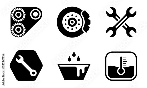 Gear Mechanism, Brake Disc, Wrenches, and Fluid Icons for Maintenance