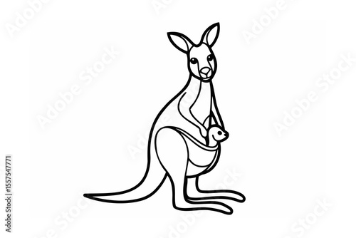 Line art illustration of a mother kangaroo with a joey in her pouch on a white background