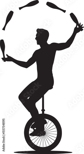 Silhouette of a juggler riding a unicycle and juggling clubs