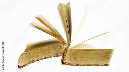 Timeless wisdom unfurls as an antique book's pages turn. Seamless motion, white background, sparse