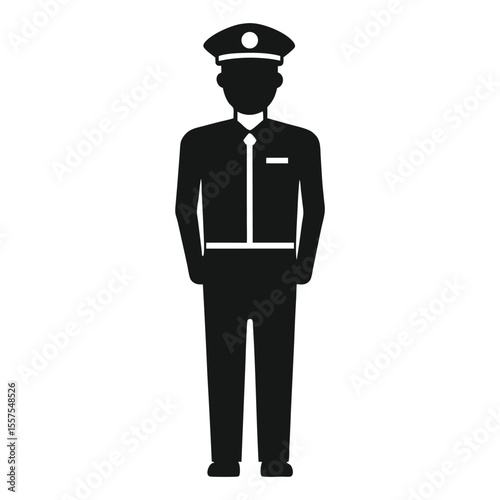 Silhouette of a uniformed security guard standing with hands at sides isolated on white background