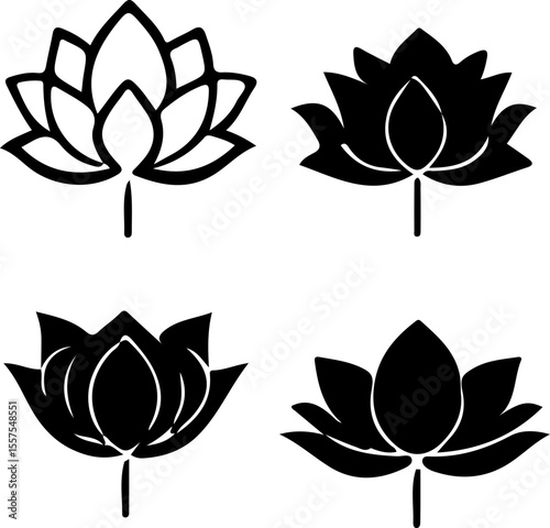 Water Lily Silhouette Vector Set, Water Lily Outline Vector Art, Water Lily Flower Silhouette Collection, Set of Water Lily Vector Illustrations, Botanical Water Lily Silhouette Set, Minimalist Water 