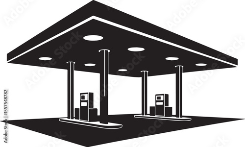 Silhouette vector illustration of a gas station with fuel pumps, representing the automotive and energy industry.