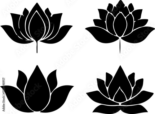 Water Lily Silhouette Vector Set, Water Lily Outline Vector Art, Water Lily Flower Silhouette Collection, Set of Water Lily Vector Illustrations, Botanical Water Lily Silhouette Set, Minimalist Water 