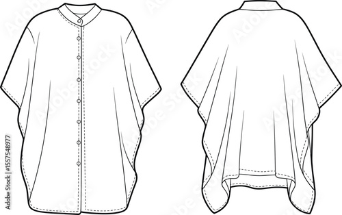 Stylish Women Poncho Button Cape Fashion Flat Sketch, CAD Technical Drawing, Sewing Pattern, Garment Template, Outerwear Flat Vector Illustration