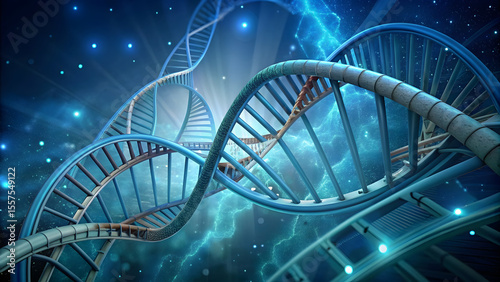 Highly rendering of dna molecule on blue background. Medical research and development concept