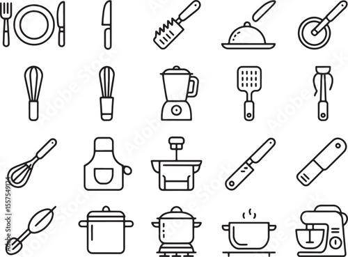 Black silhouette vector icons illustrating a set of kitchen utensils and cooking tools