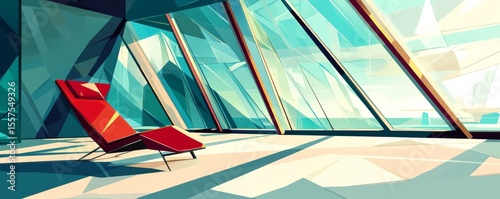 Red Chair in Modern Glass Building Low Poly Illustration, Digital Art, Abstract Interior Design Digital Art, Interior Design