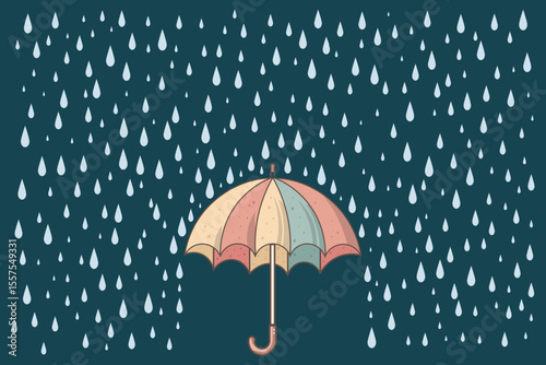 Vector cartoon of umbrella in rain, flat pastel colors for seamless patterns, baby wall prints, children’s room decor, and seasonal visuals
