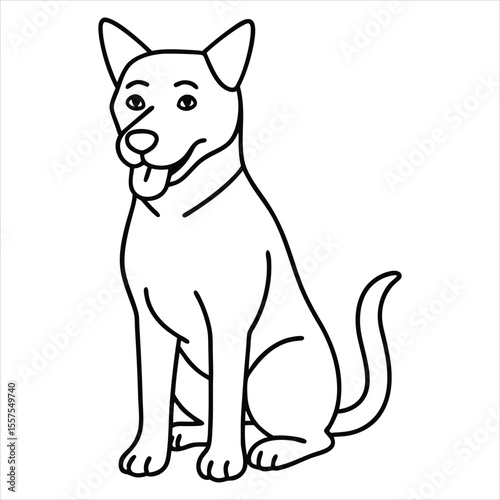 A friendly cartoon dog sits patiently with its tongue out and ears perked rendered in a simple black and white line drawing style on a clean white background