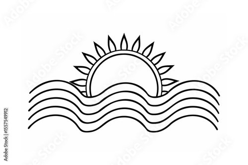 Simple black and white illustration of the sun rising over ocean waves