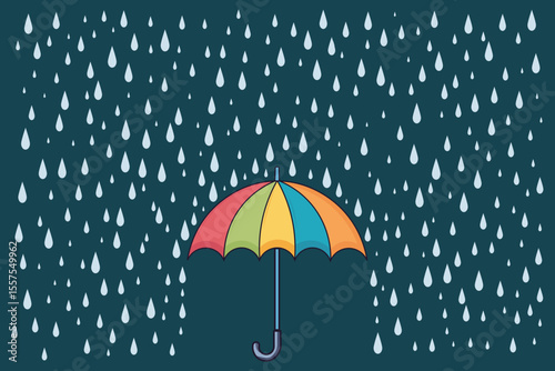 Cartoon umbrella catching raindrops, flat pastel vector for rainy day children’s content, baby-themed art, and nursery illustration assets
