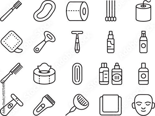 Bathroom Essentials Icon Set: A comprehensive collection of minimalist line icons representing various bathroom essentials, perfect for web design, app interfaces, or print materials.  