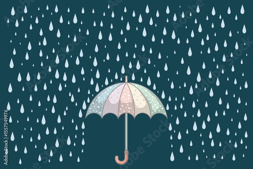 Umbrella with gentle drizzle in cartoon vector style, pastel flat design for children’s book covers, baby prints, and seasonal rainy backgrounds

