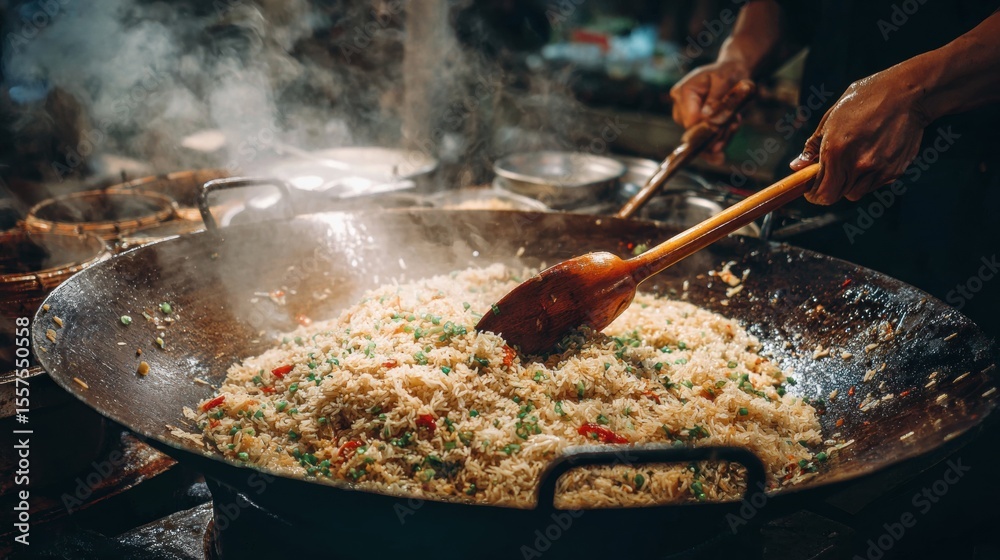 Fototapeta premium Cooking Chef Stirring Fluffy Fried Rice in Large Wok with Vegetables and Steaming Smoke