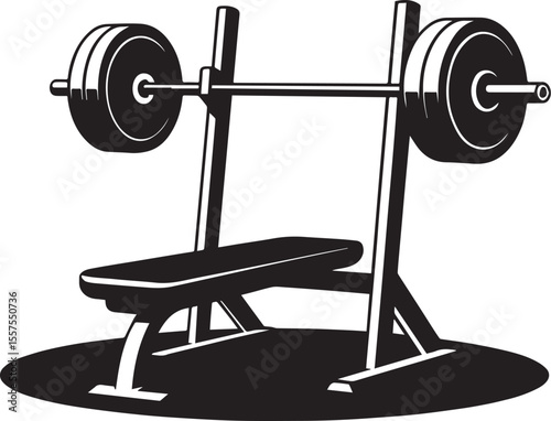 Illustration of a weight bench with a heavy barbell on a rack, gym equipment for strength training.