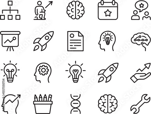 Icons of Innovation: A collection of minimalist icons, representing the essential elements of innovation, strategic thinking, and creative problem-solving, presented in a clean, modern style.