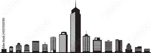 Black and white cityscape featuring towering skyscrapers and urban architecture silhouetted against the night sky