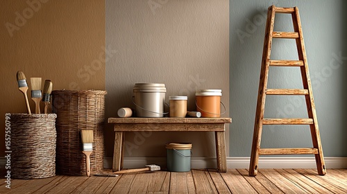 Room renovation construction ladder with paint tools in modern interior, home improvement project concept for ads