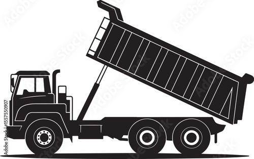 Vector illustration of a construction dump truck unloading with a raised hydraulic bed.
