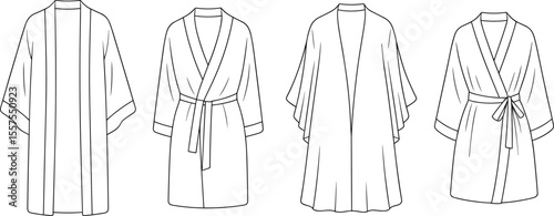 Women’s Kimono Dressing Gown Technical Fashion Sketch, Front View, Various Belted Robe Styles, Sewing Pattern, CAD Drawing Flat Vector Illustration