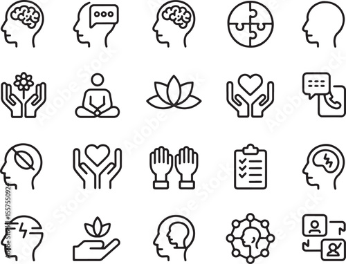 Mindful Connections: A collection of evocative icons representing core elements such as thoughts, solutions, unity, empathy, mindfulness and care, offering a glimpse into the essence of well-being. 