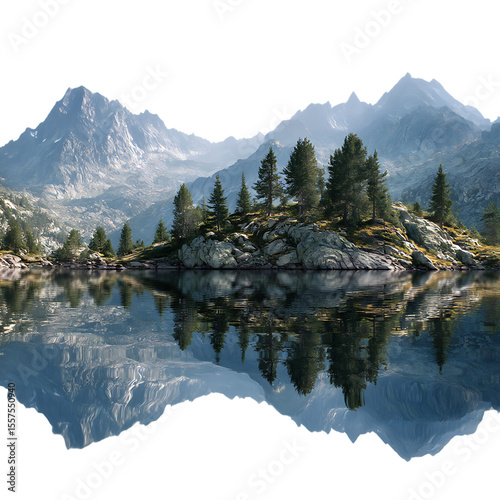 Serene Mountain Lake Reflection Panoramic Landscape Photography on transparent Background
