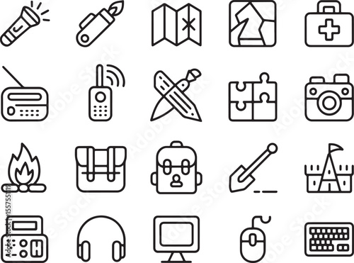 Adventurer's Toolkit: An artistic illustration showcasing various essential tools of exploration, including a flashlight, map, first aid kit, compass, and more, ideal for travel and exploration.