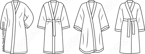 Women’s Kimono Robe Fashion Technical Flat Sketches, Various Belted Dressing Gown Designs, Front View, Garment CAD Drawing Flat Vector Illustration