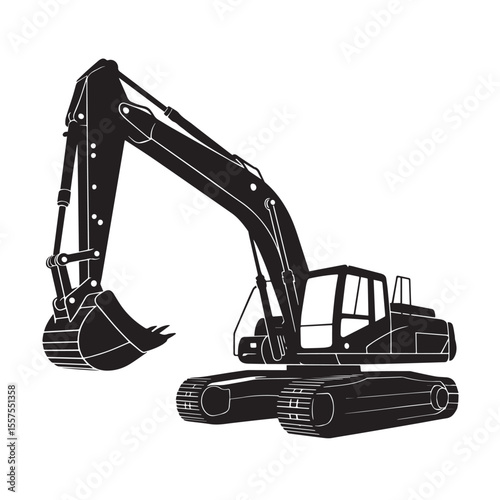 Vector silhouette of a heavy construction excavator with a large digging bucket.