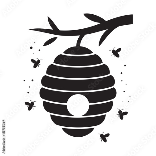 Silhouette of a beehive hanging from a tree branch with a swarm of bees.