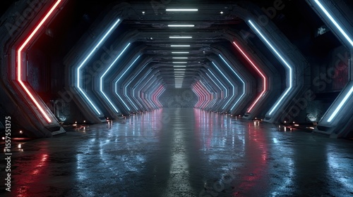 Sci-fi cyberpunk stage tunnel with glowing neon lights, futuristic technology scene for gaming, virtual, and design ads