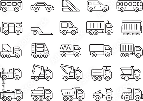 Transport Icon Extravaganza: A meticulously curated collection of transport vehicle icons, each rendered in a precise, illustrative style, forming a harmonious symphony of road and rail transport.