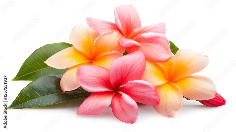 Naklejka premium Beautiful Pink and Yellow Plumeria Flowers with Green Leaves