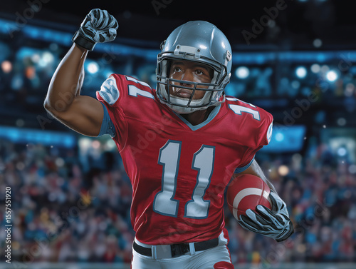 African American football player in red jersey celebrating victory on the field, surrounded by cheering crowd, showcasing athleticism and team spirit in a dynamic sports environment