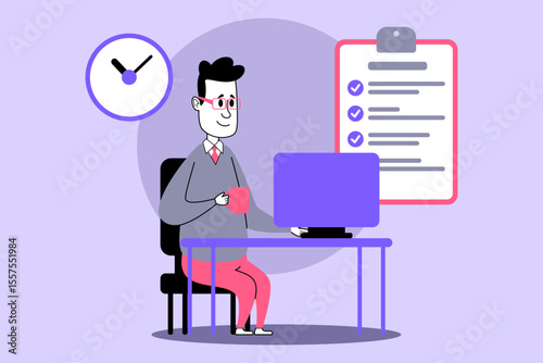 Person sitting at desk with computer, holding cup with checklist and clock on wall. Time management and productivity in work environment concept