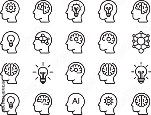The Power of Thought: A collection of line art icons representing the human mind, ideas, and innovation. The icons showcase brain, lightbulb, and gear.