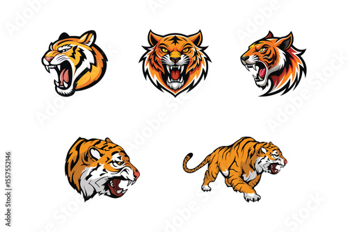 Cartoon Style Tiger Head Mascot Collection, Animal with Angry Face, Suitable for Team Logo, Emblem
