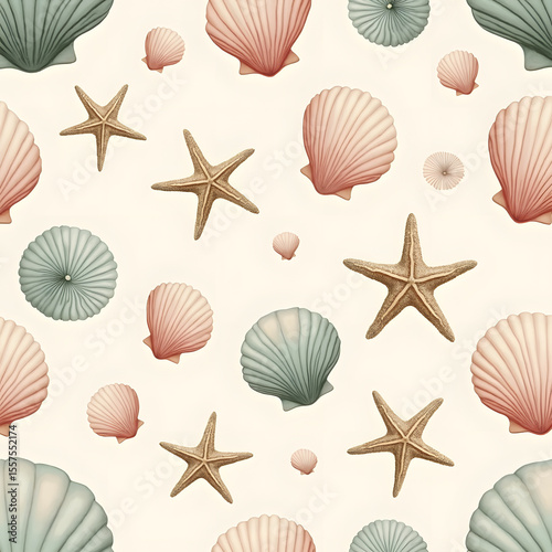 A charming seamless pattern of seashells and starfish in a soft, pastel color palette.